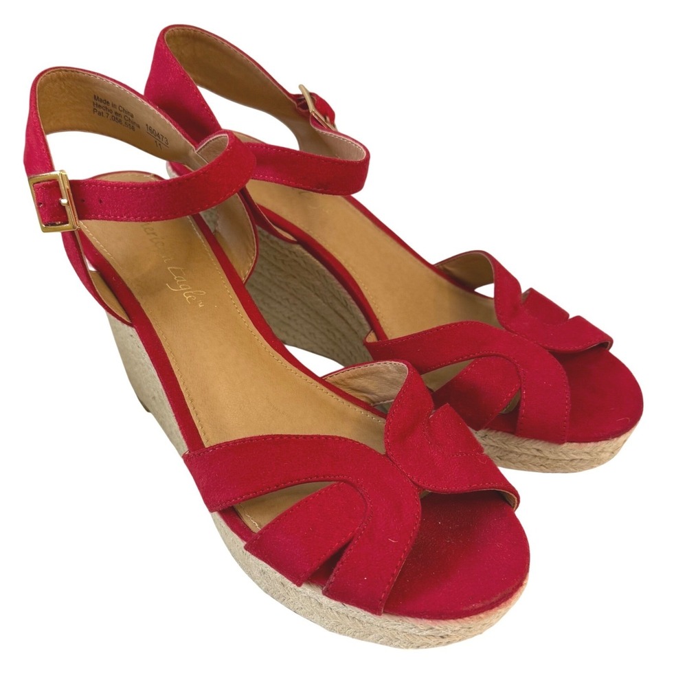 American Eagle Red Faux Suede Straw Espadrille Wedge Sandals Ankle Strap‎ S 9.5